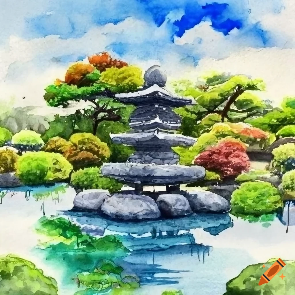 peaceful watercolor painting of a Japanese garden