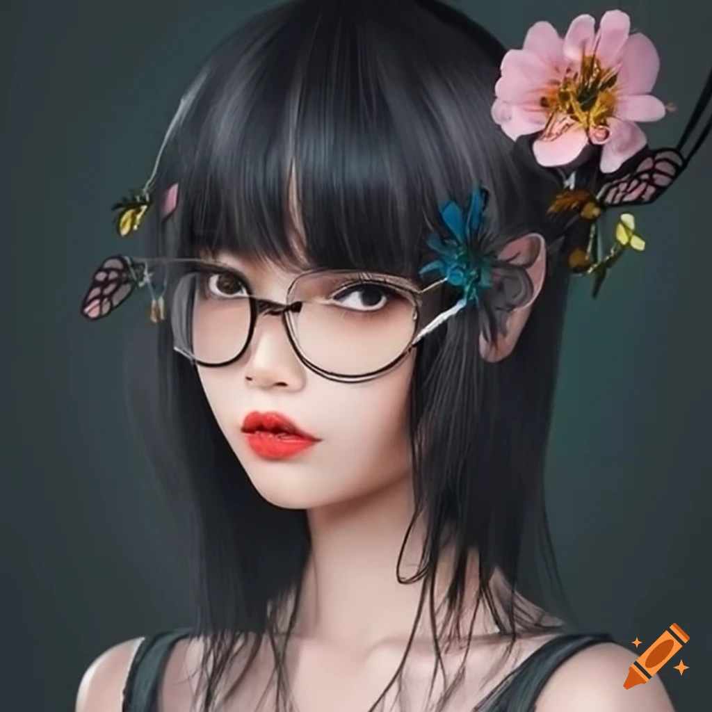 Asian girl with black hair and glasses surrounded by pretty flowers and butterflies