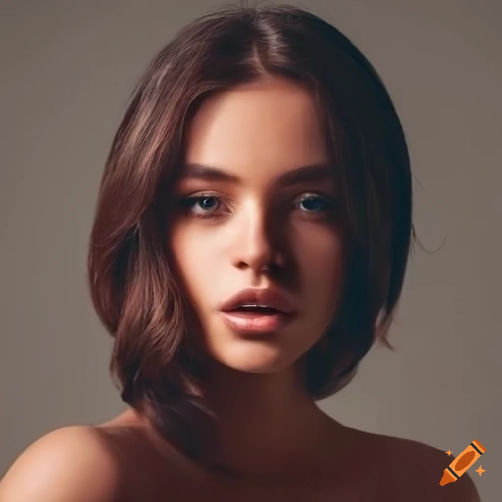 Portrait of a beautiful woman with dark brown hair and brown eyes on ...