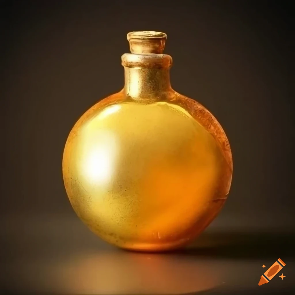Gold potion in unique glass bottle on white background on Craiyon
