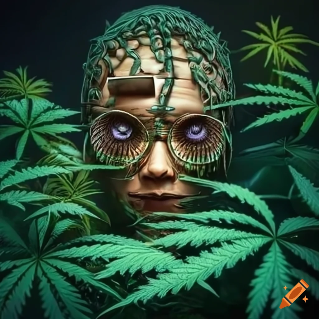 Artistic representation of a cannabis cyborg in a mystical jungle