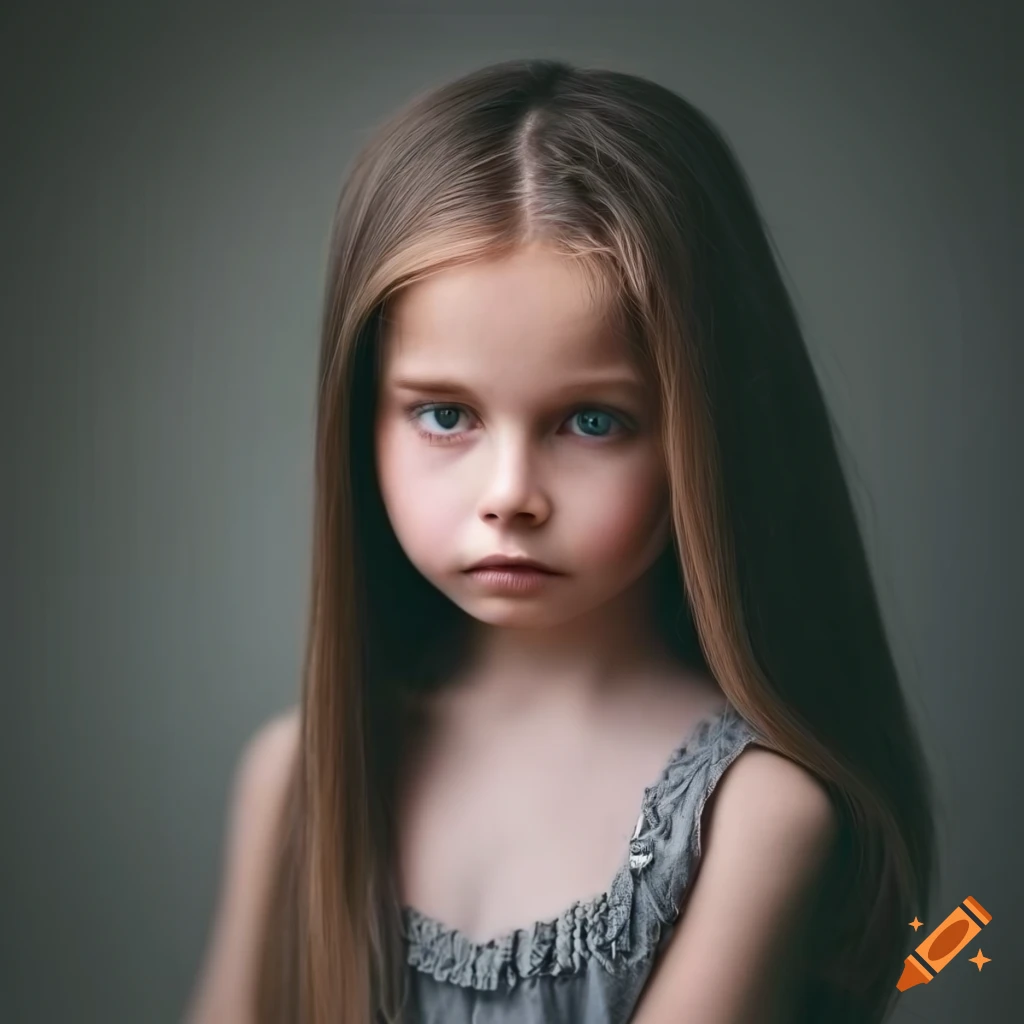 portrait of an 11-year-old girl with brown eyes and long hair