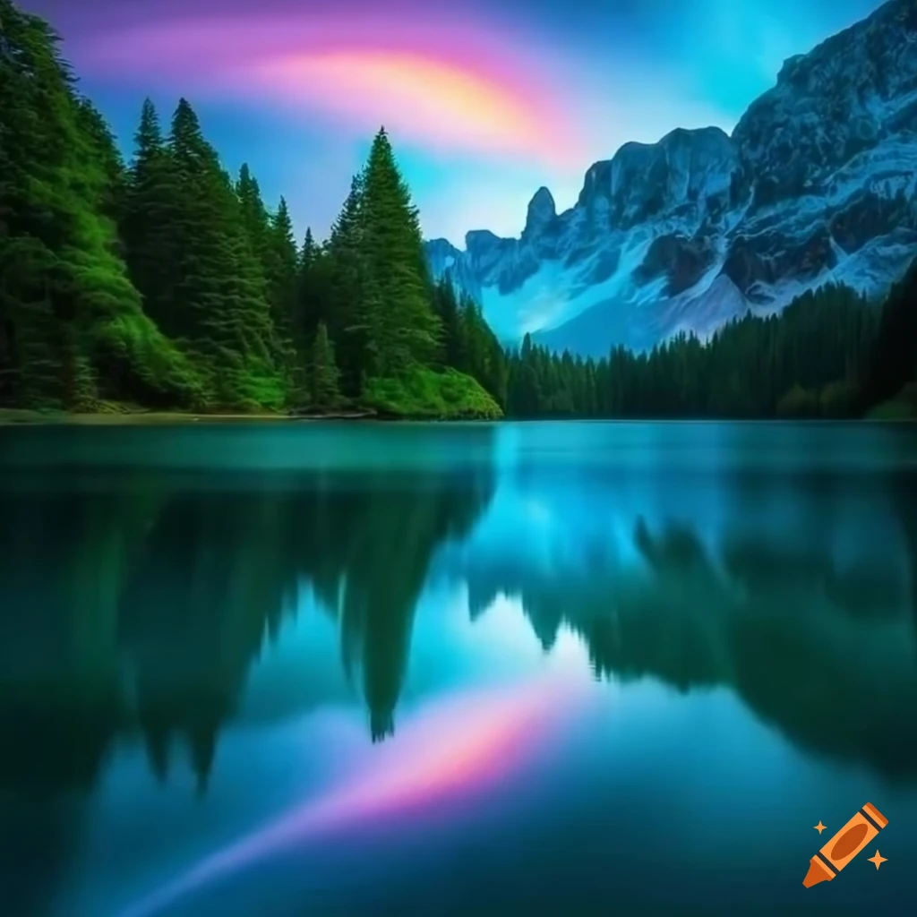 paysage naturel avec lac, cascades, arc-en-ciel et château