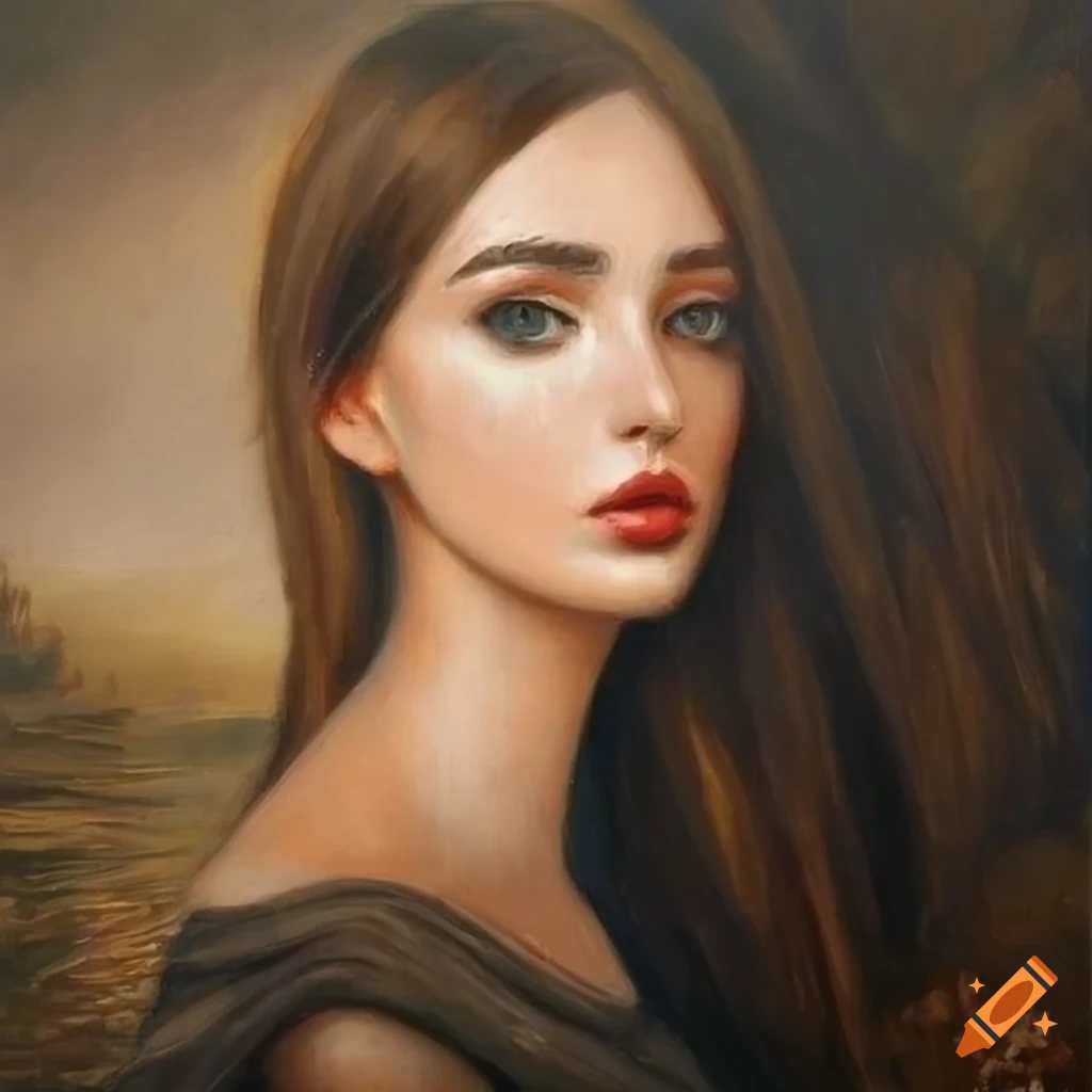 realistic oil painting of a young woman with long hair in a scenic landscape