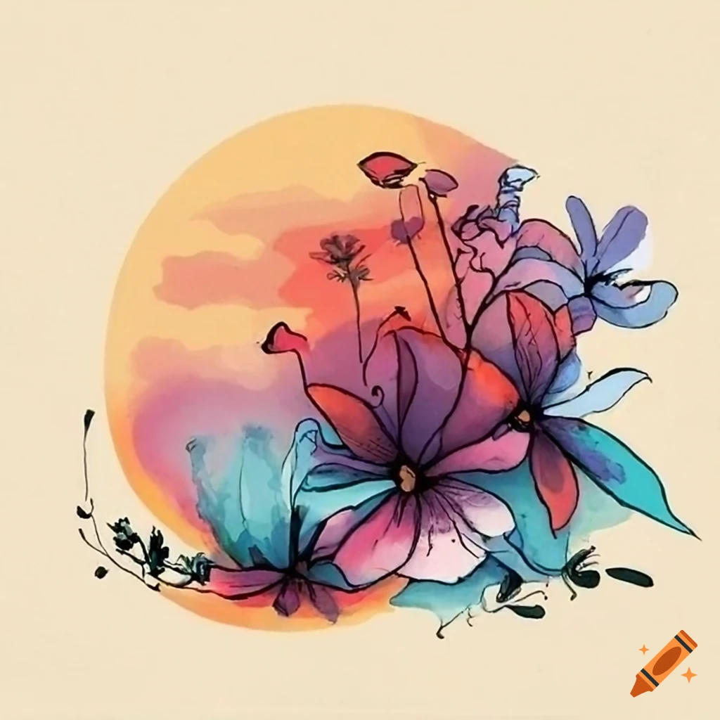 painting of ink flowers in a scenic landscape