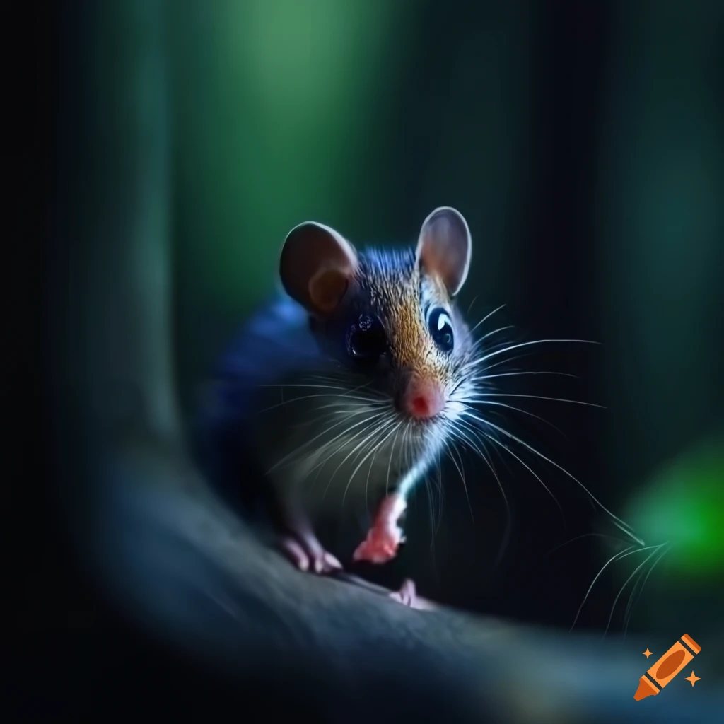 a small mouse in a quiet corner of a magical forest