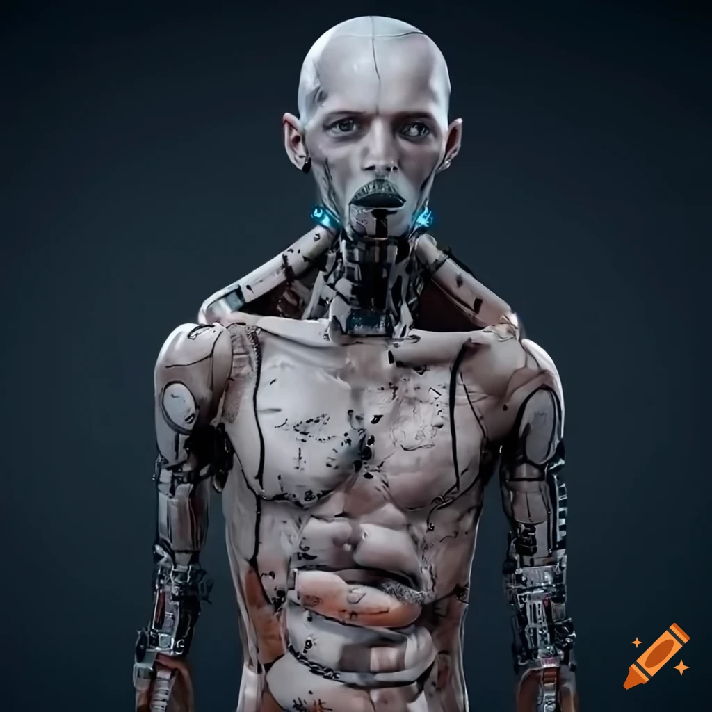 hyperrealistic image of a skinny male cyborg in a damaged suit