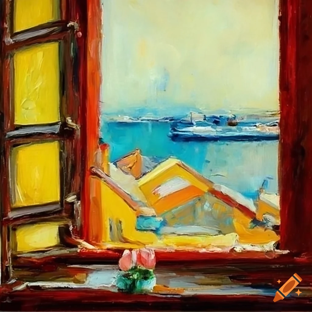 Modigliani style oil painting of a view from a window
