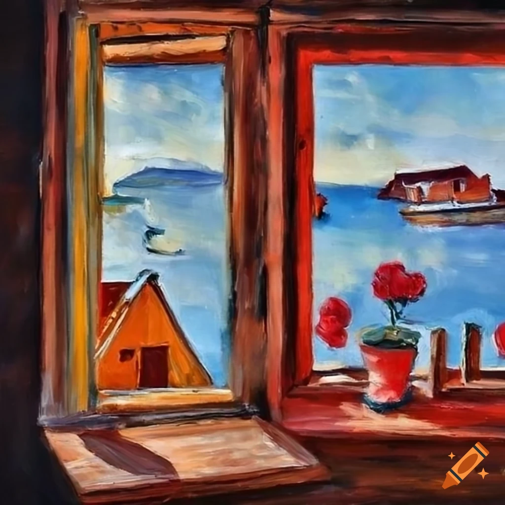 oil painting of a view from a window with red roses and flapping curtains