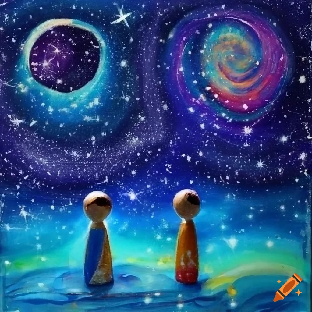 abstract art of family peg dolls with constellations background