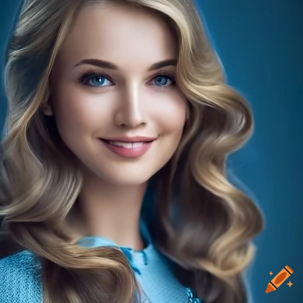 portrait of a beautiful woman with blond hair and blue blouse