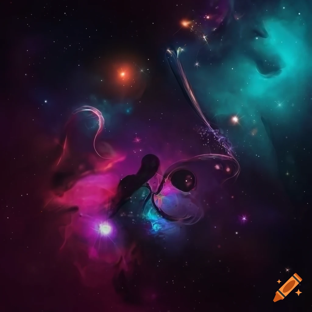 techno party poster with a human merging with galaxies