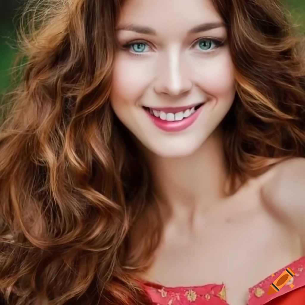 Portrait of a smiling woman with wavy brown hair on Craiyon