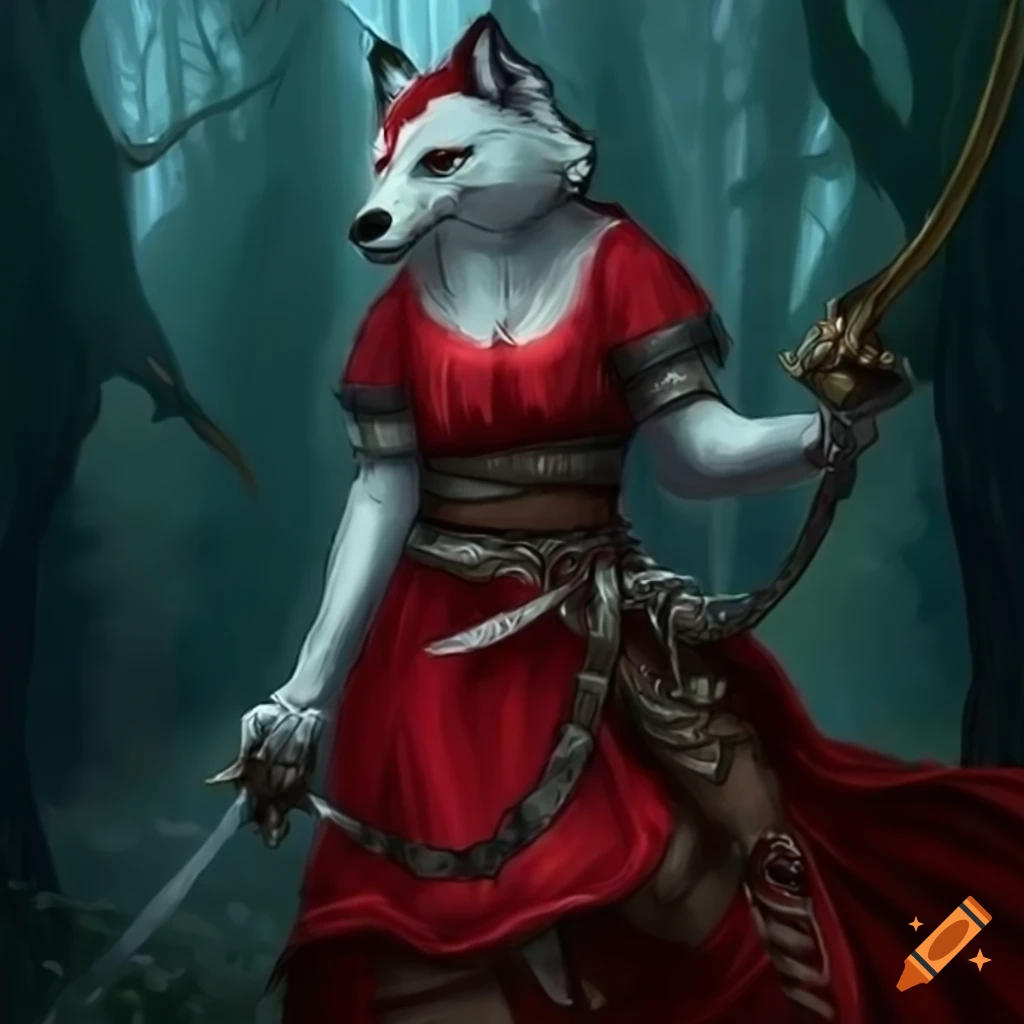 Illustration of a female anthro wolf with a magic rapier and raven familiar