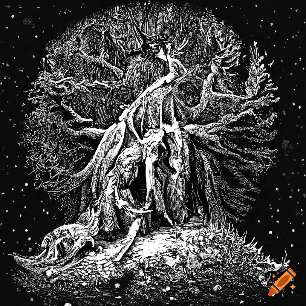 Detailed black and white winter forest illustration on Craiyon