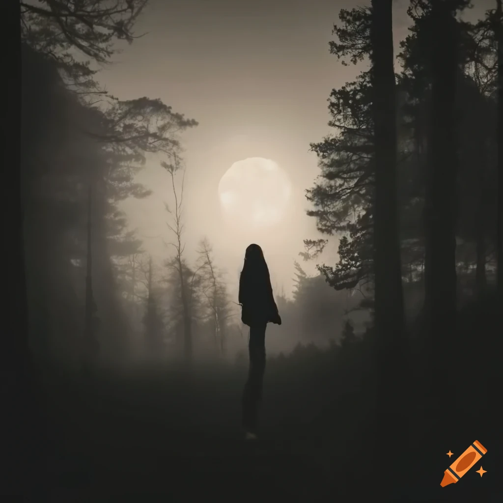 silhouette of a woman standing in the misty forest