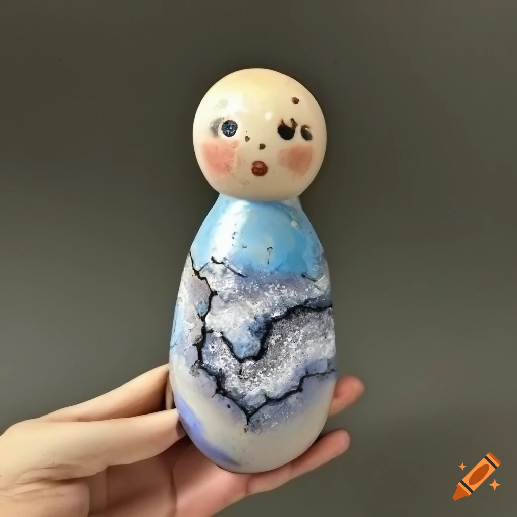 sculpture of a peg doll emerging from a cracked geode