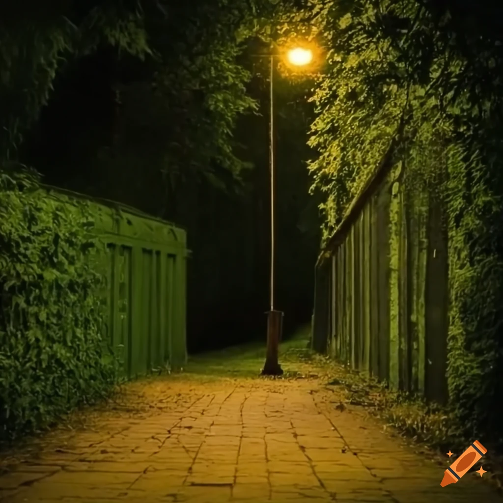 nighttime street corner with trees and vines