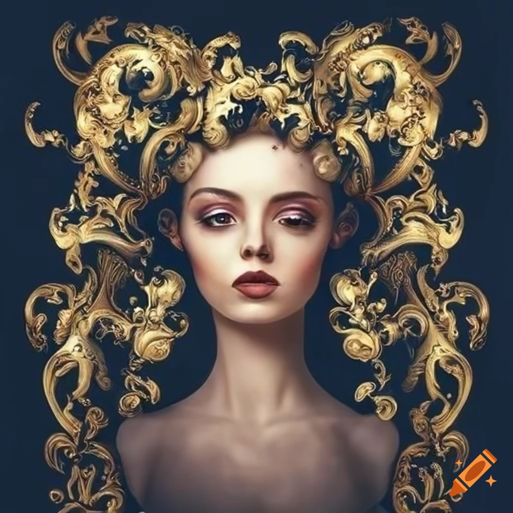 Surreal baroque rococo style with black hair spread in gold clouds on Craiyon