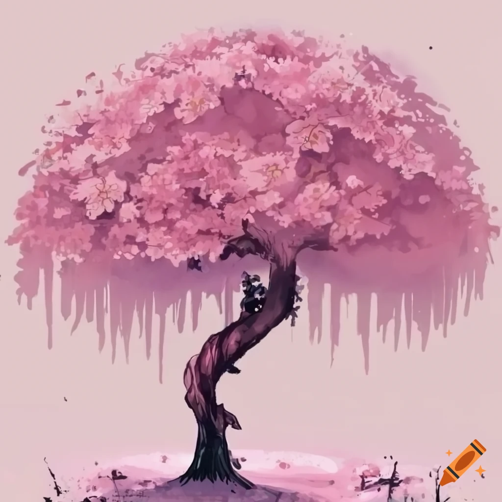 ink manga style cherry blossom tree