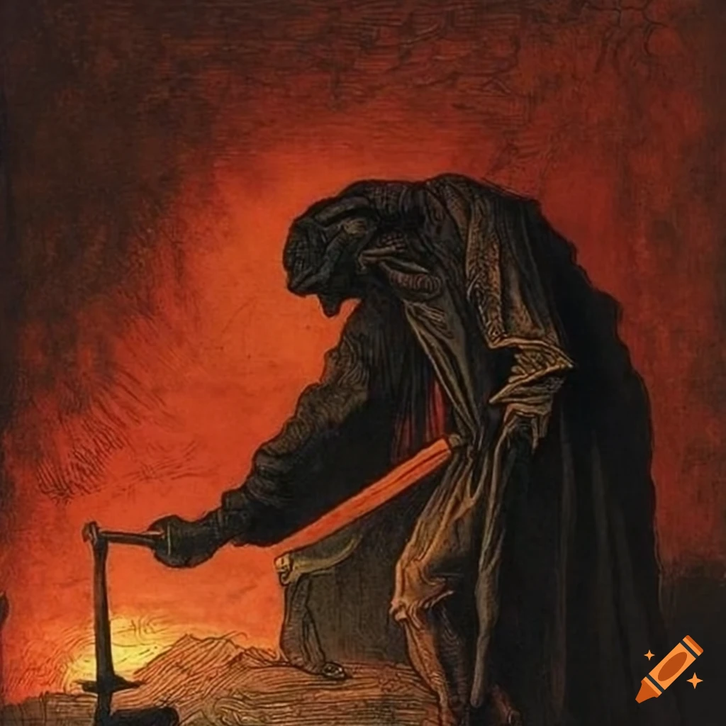 coloured etching of a blacksmith with a hammer and sword