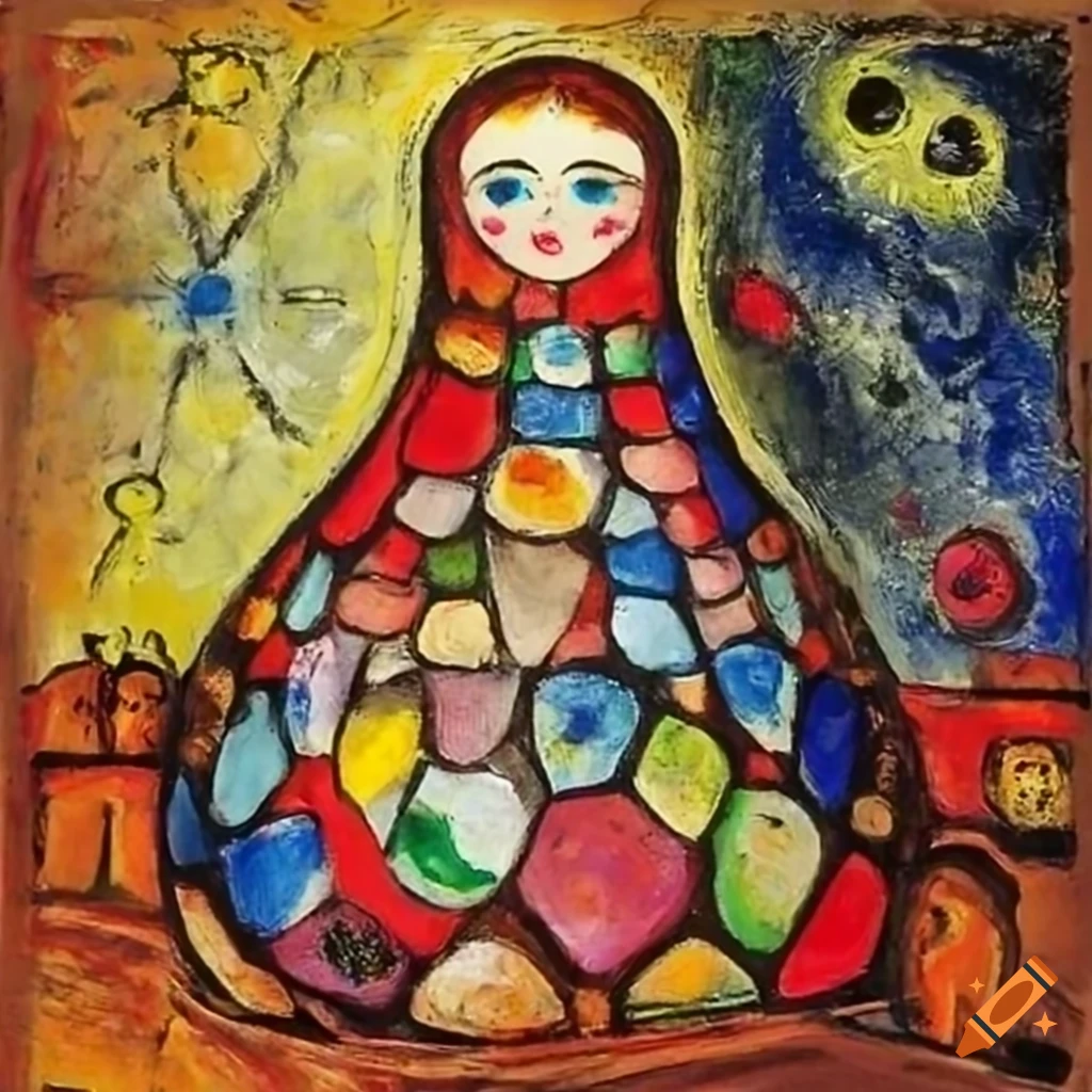 painting of a Russian stacking doll in a cracked egg house