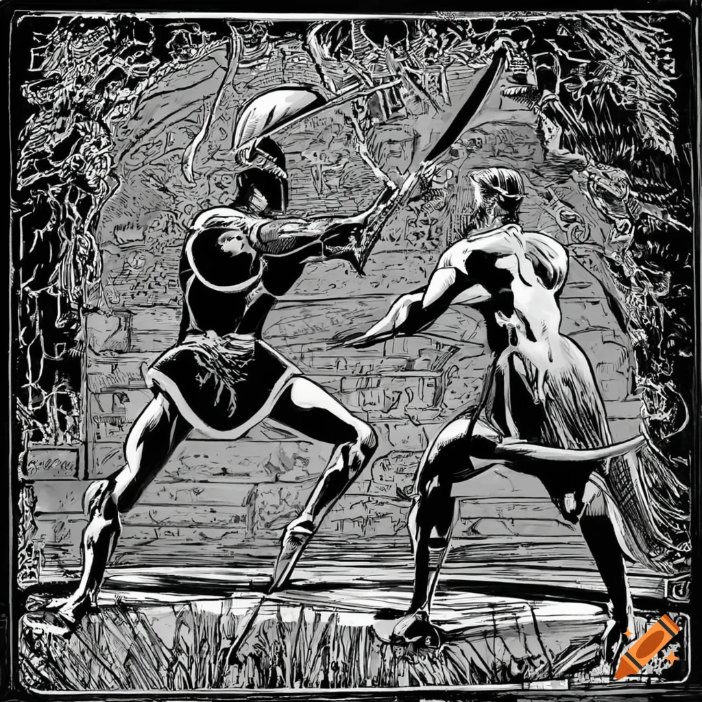 black and white comic of a sword-wielding gladiator