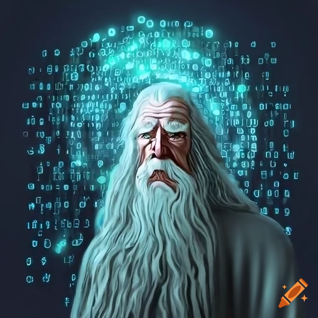 Digital artwork of gandalf manipulating binary code on Craiyon