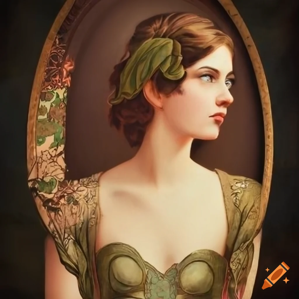 Art nouveau poster of a melancholic woman in a fantasy setting
