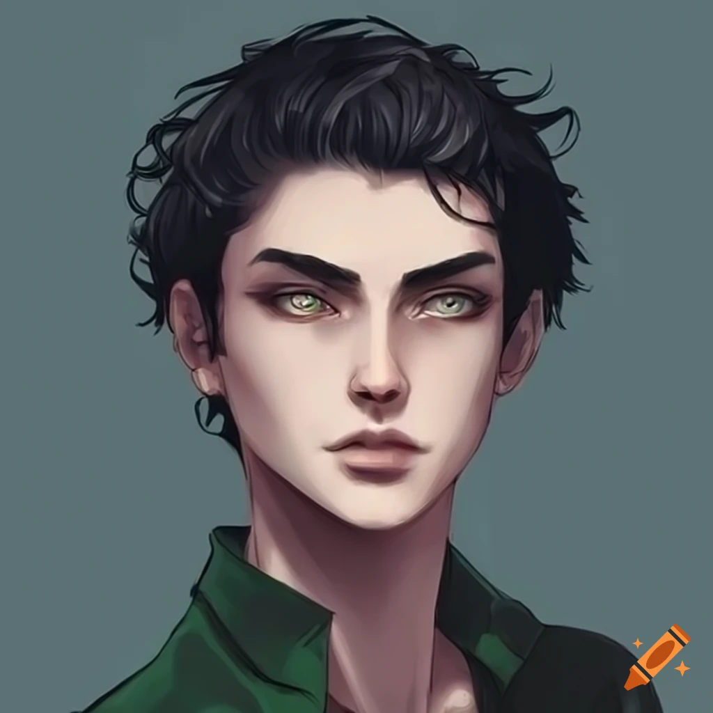 Portrait of a man with black hair and green eyes on Craiyon