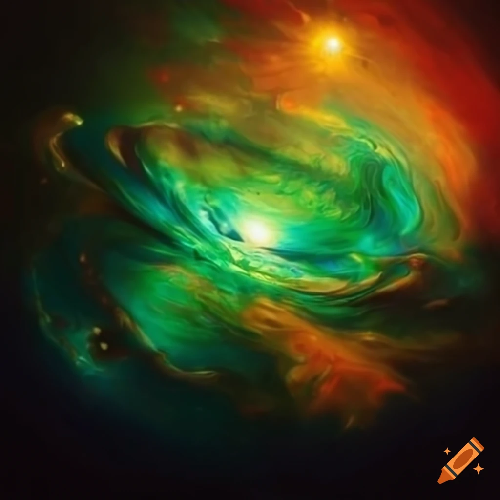 abstract painting of the cosmos in red, gold, and green