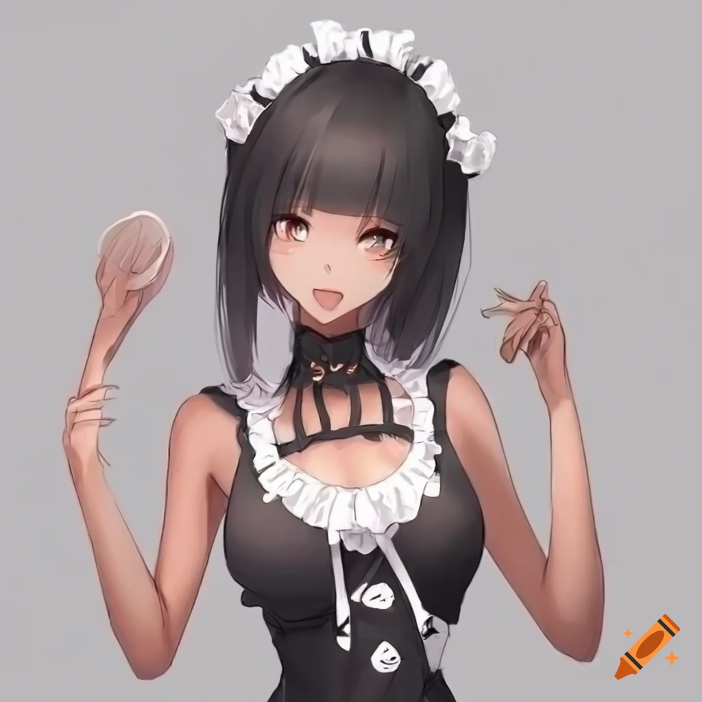 anime girl in maid outfit with dark skin and black hair