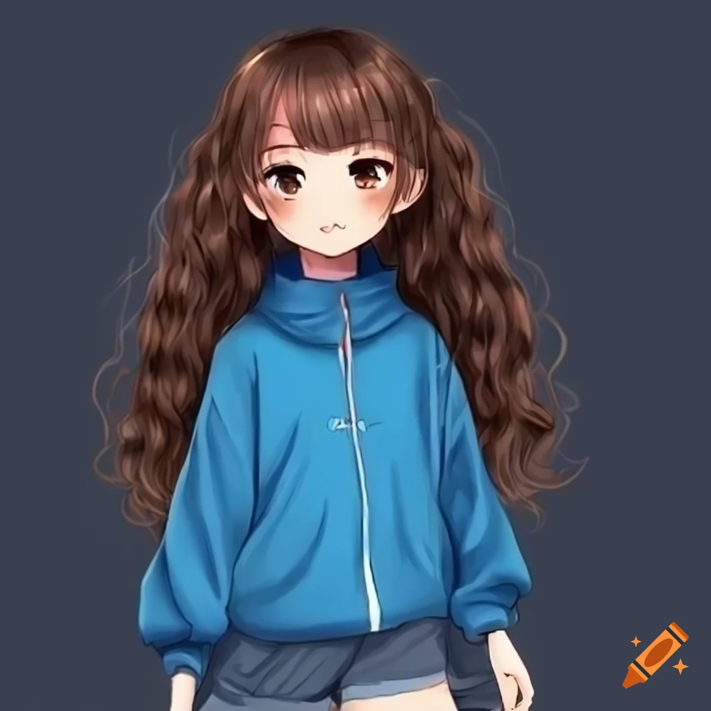 Cute anime girl with brown curly hair and blue themed clothing on Craiyon