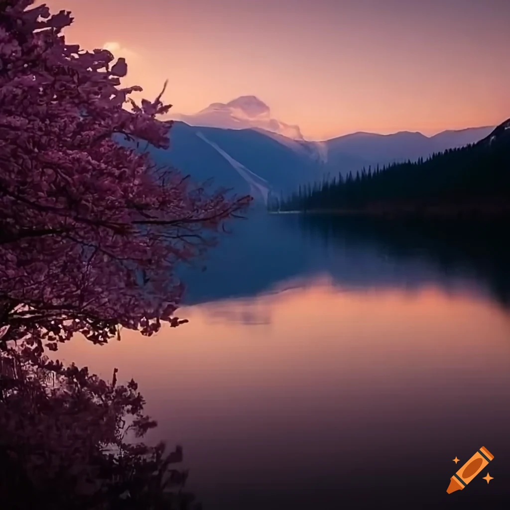 evening view of a mountain lake with sakura