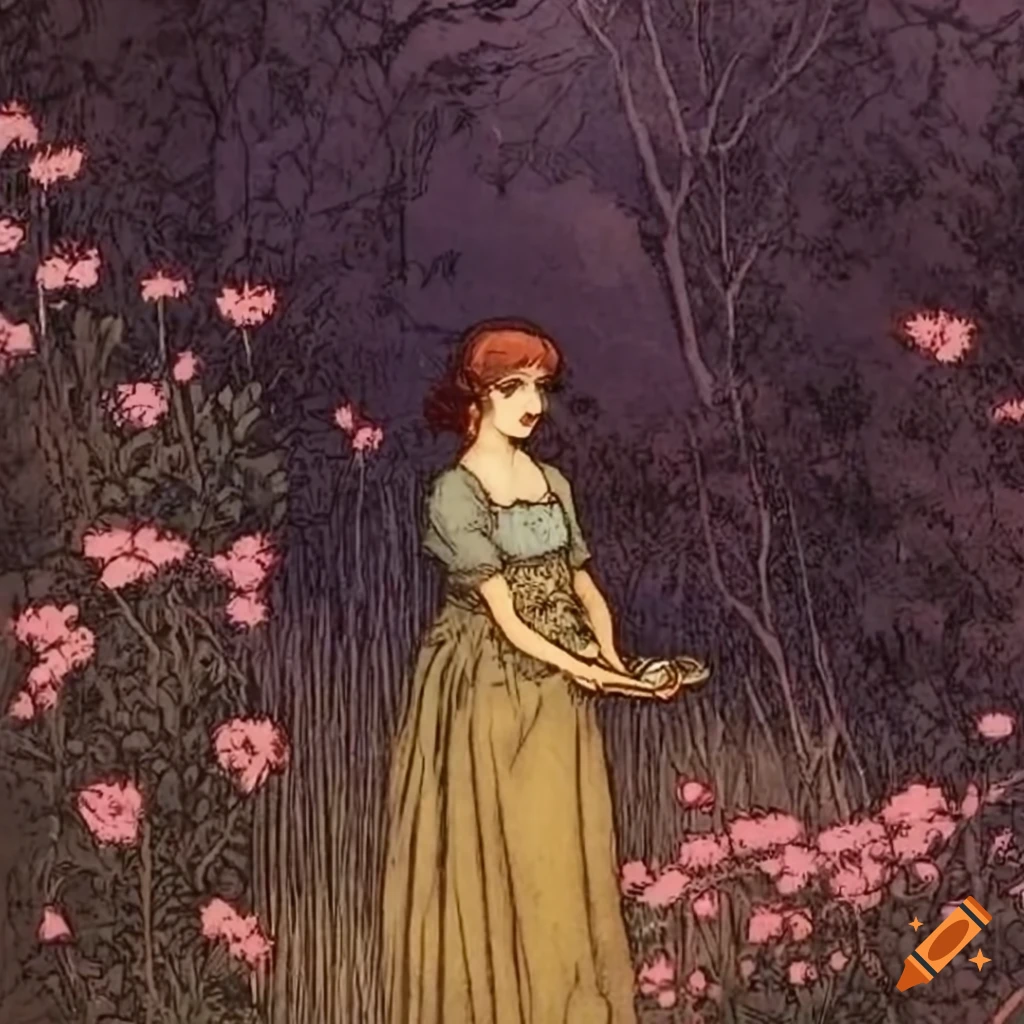 detailed illustration of pink flowers in a pastoral scene
