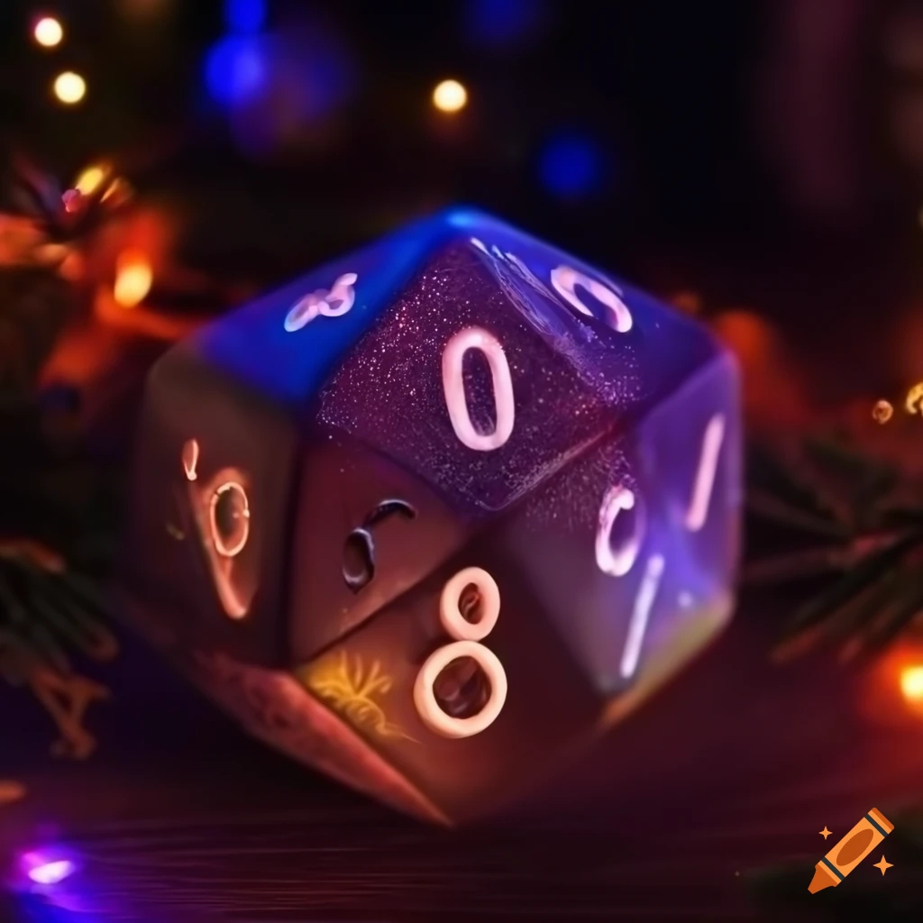 dark Christmas dice with lights and decorated tree