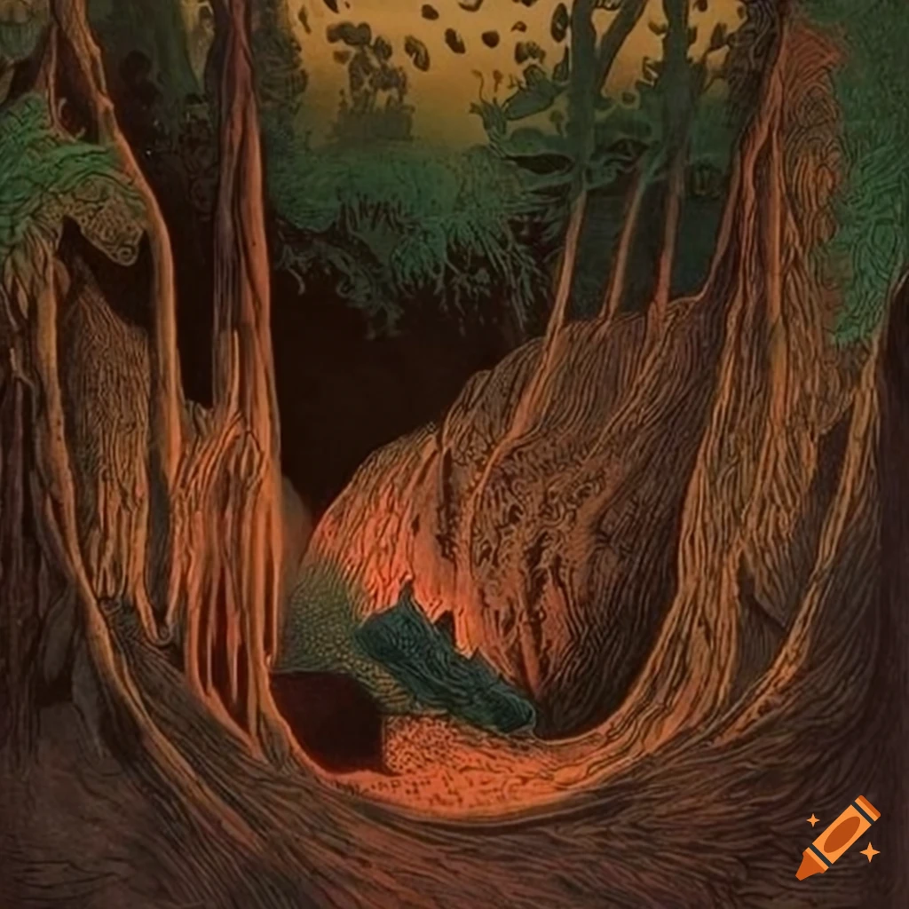 Serigraph artwork of a fantasy jungle landscape with native designs on ...