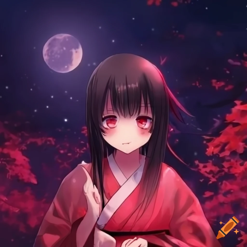 chica anime in kimono smiling under a red moon