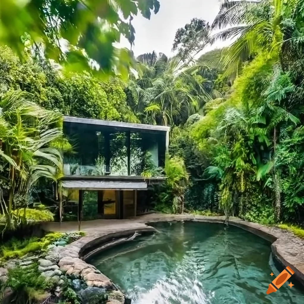 futuristic modern house surrounded by lush jungle