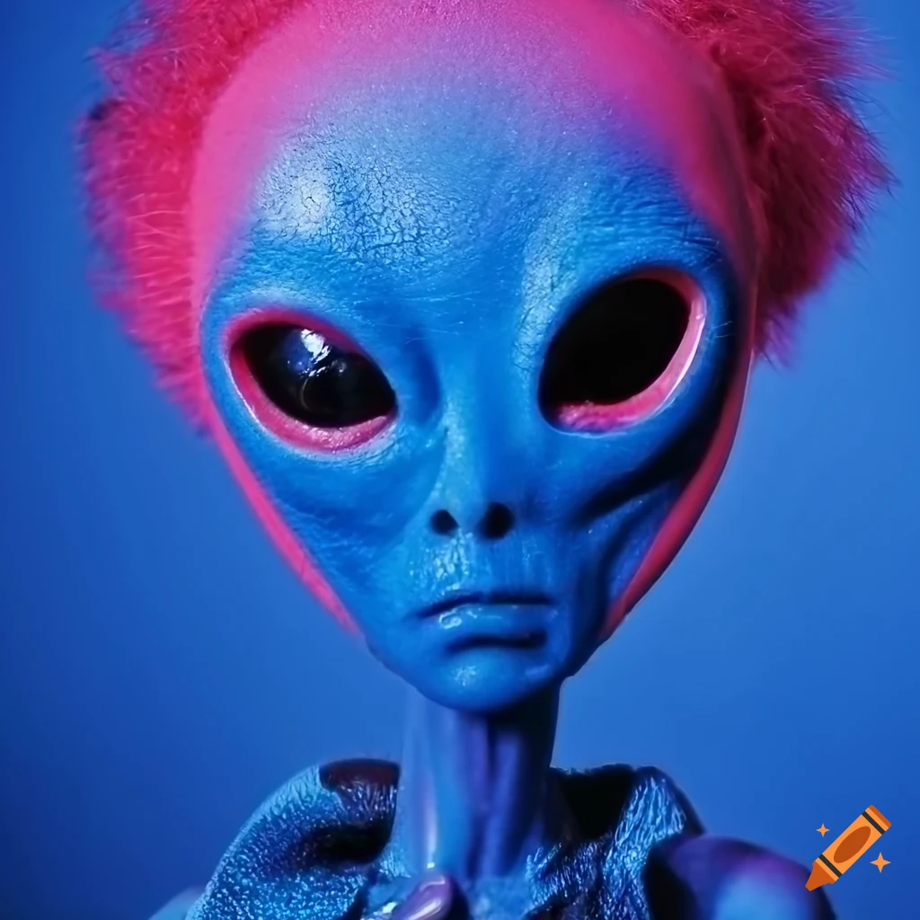 portrait of a lifelike pink alien with blue eyeshadow and red lipstick