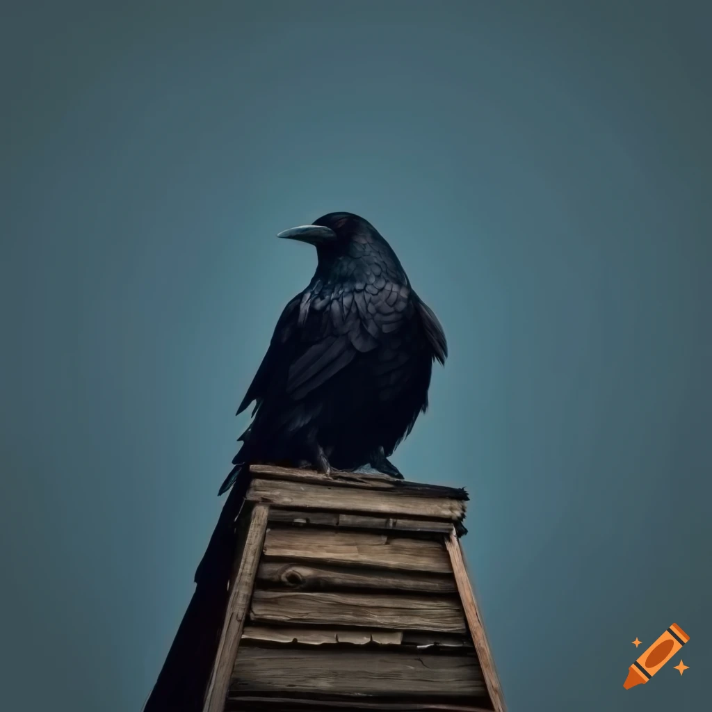 scenic view of a black raven on top of a wooden house in the snow