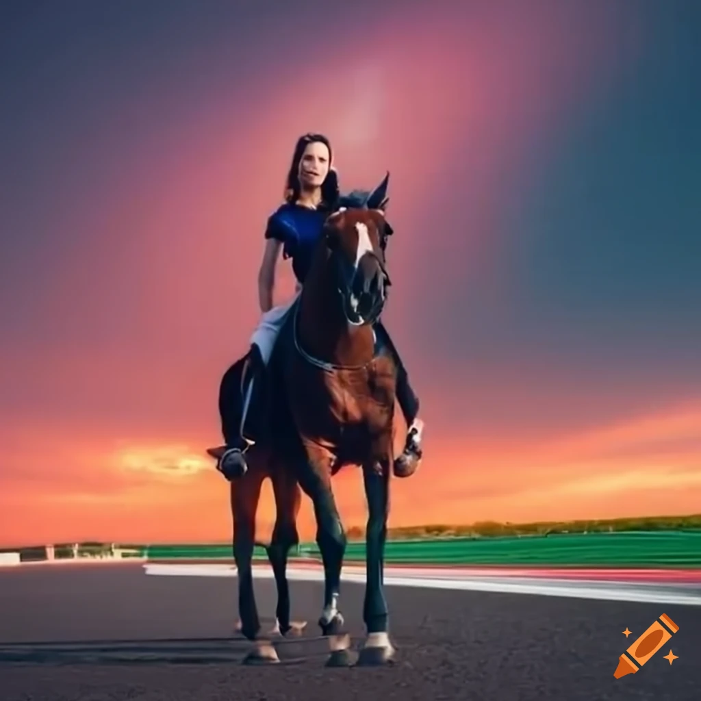 young woman riding a horse on a race track