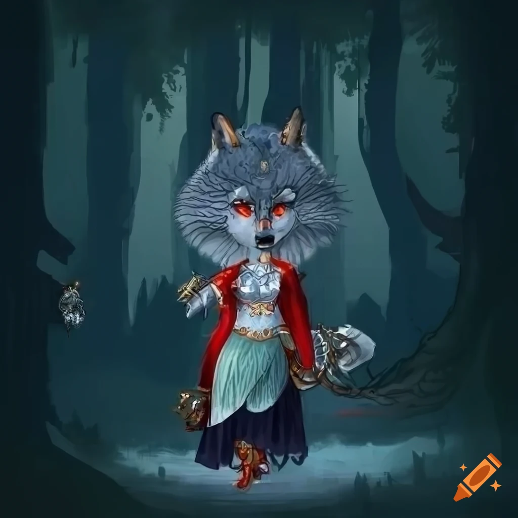 artwork of a wolf with a magic rapier and raven familiar
