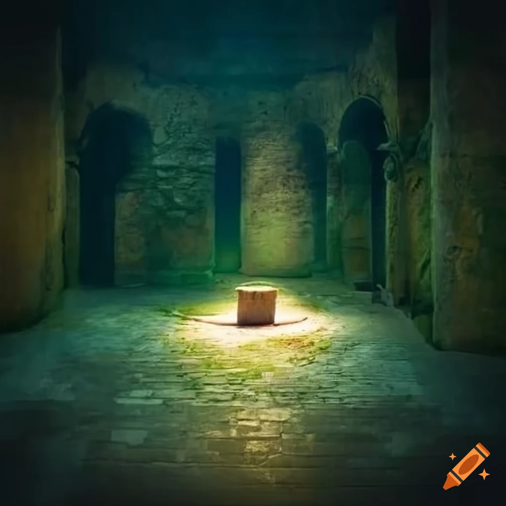 book on a column with a moss-covered cellar in the background