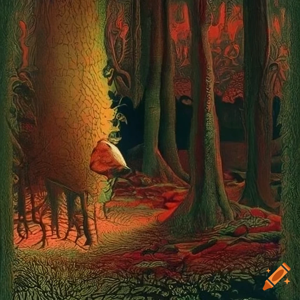 Serigraph artwork of a fantasy jungle landscape with native designs on ...