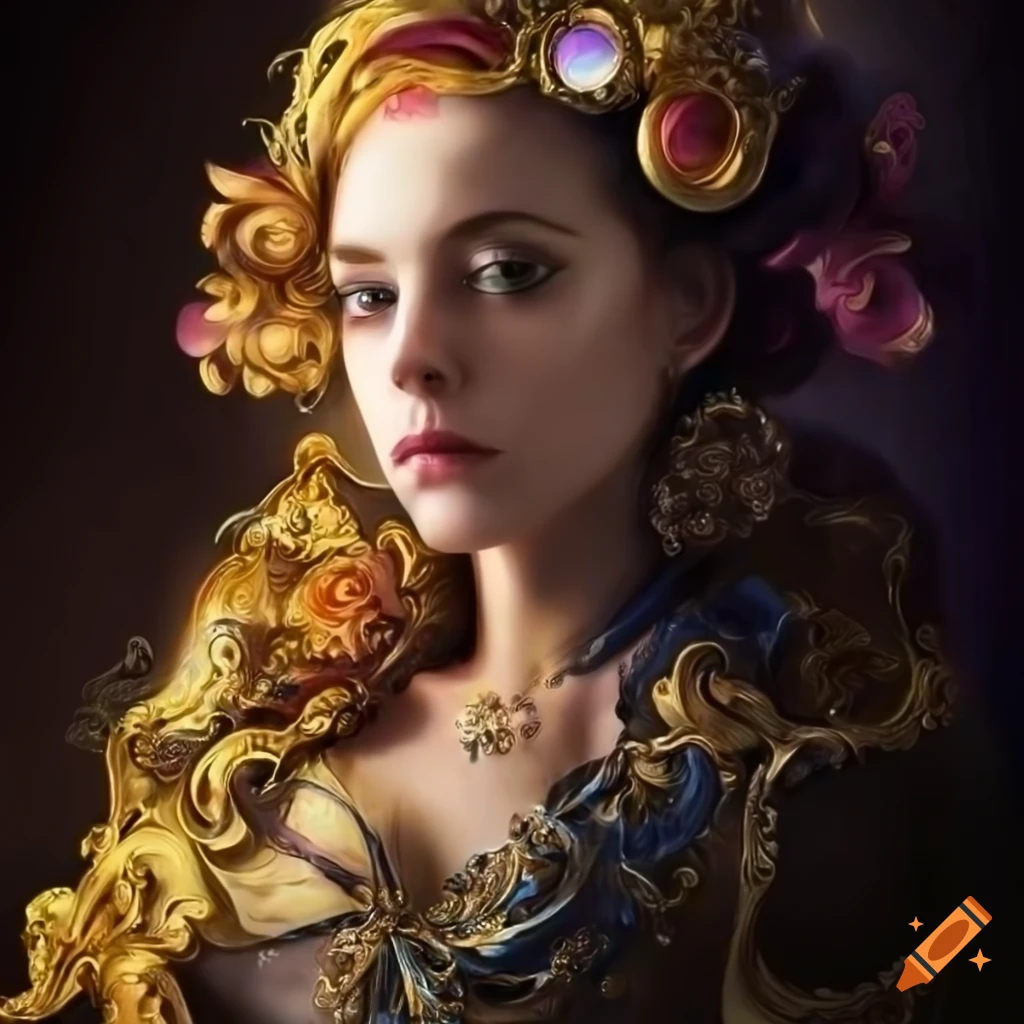 surrealist black hair in gold clouds with insane surrealistic patterns on walls