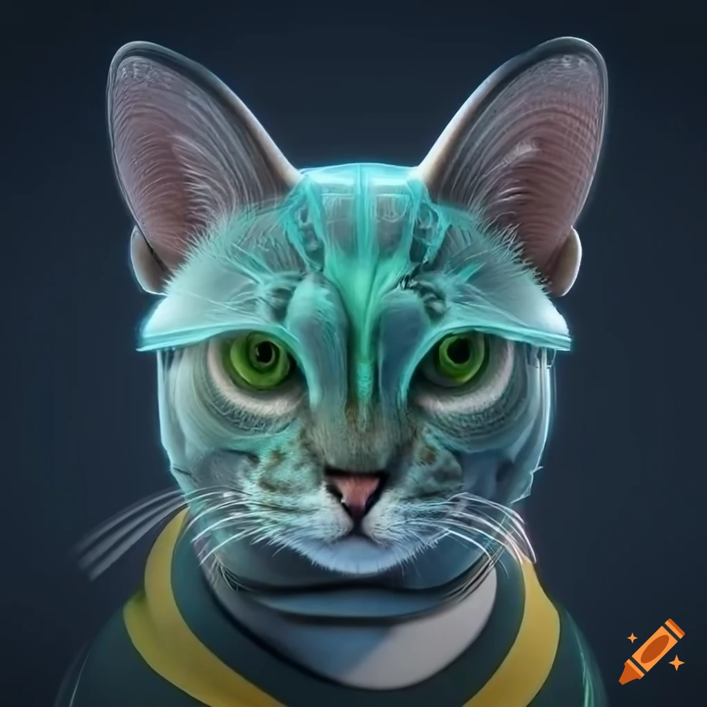 hyper realistic 3D cats in Star Trek uniforms on fractal spaceship