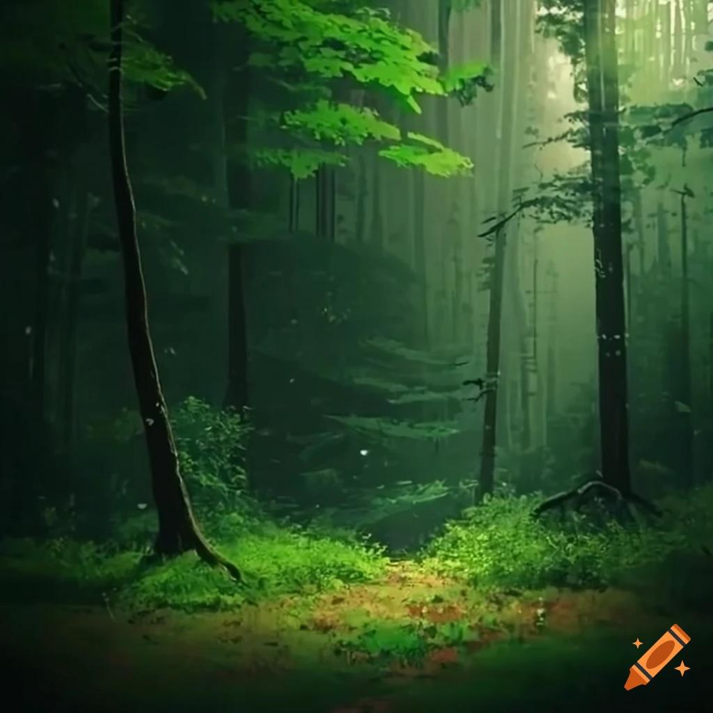 rain falling in a lush green forest