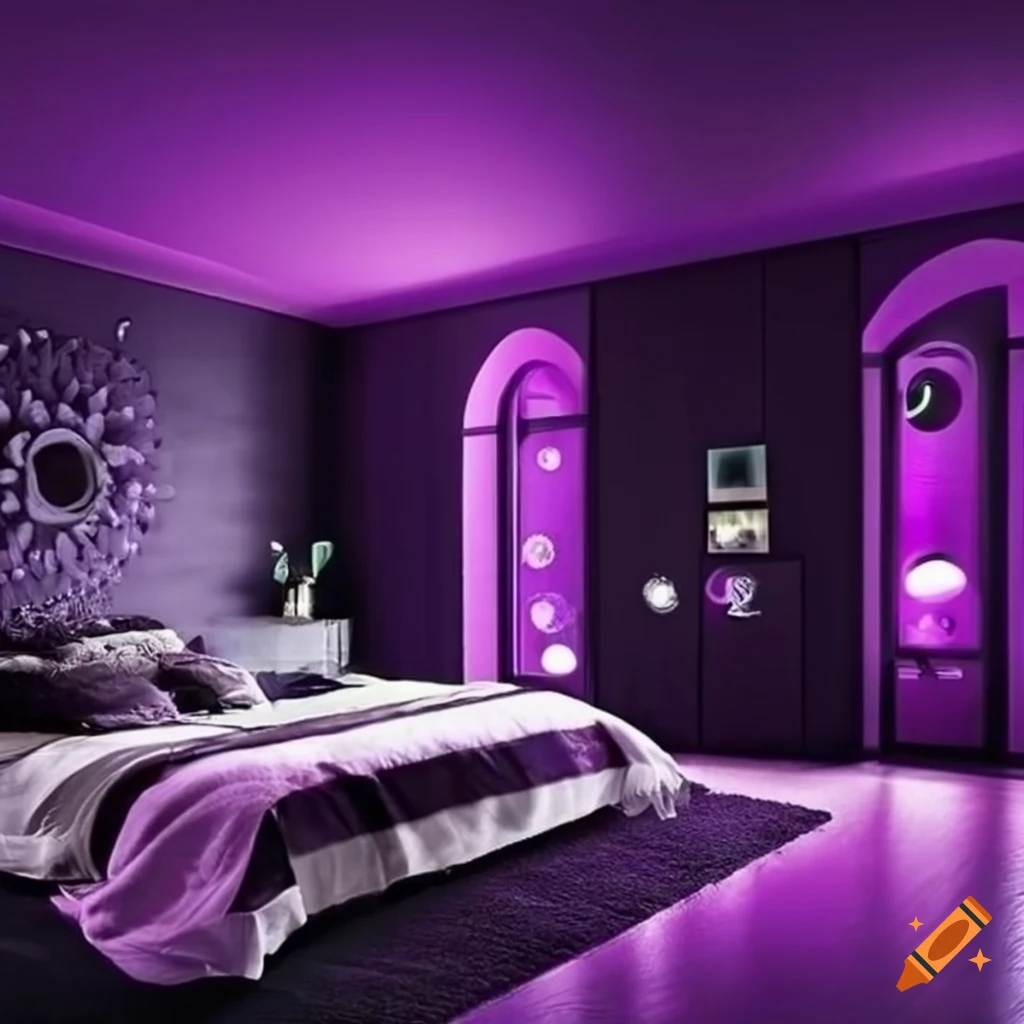 Dark bedroom with purple led lights on the ceiling on Craiyon