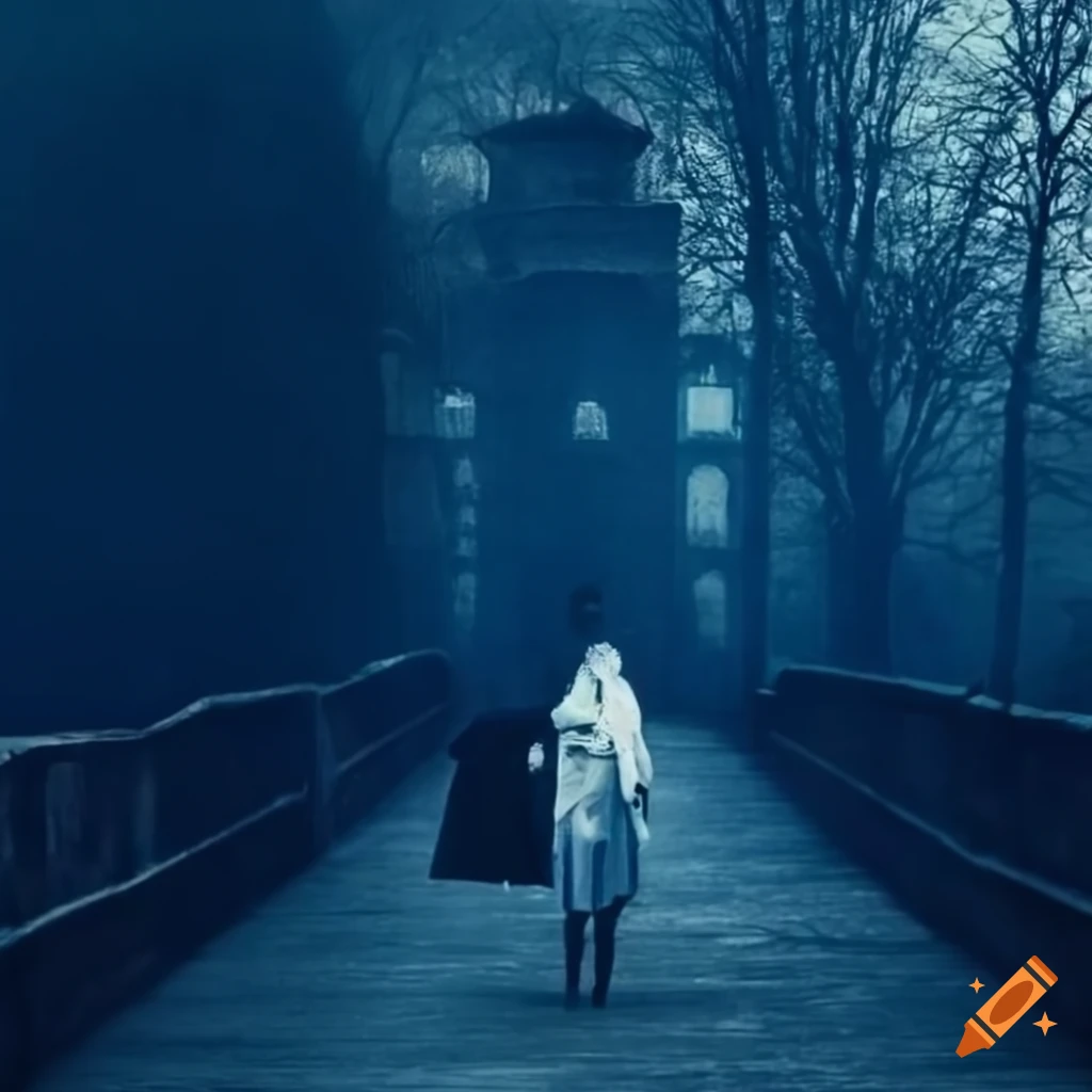 eerie cyanotype art of a plague doctor on a bridge